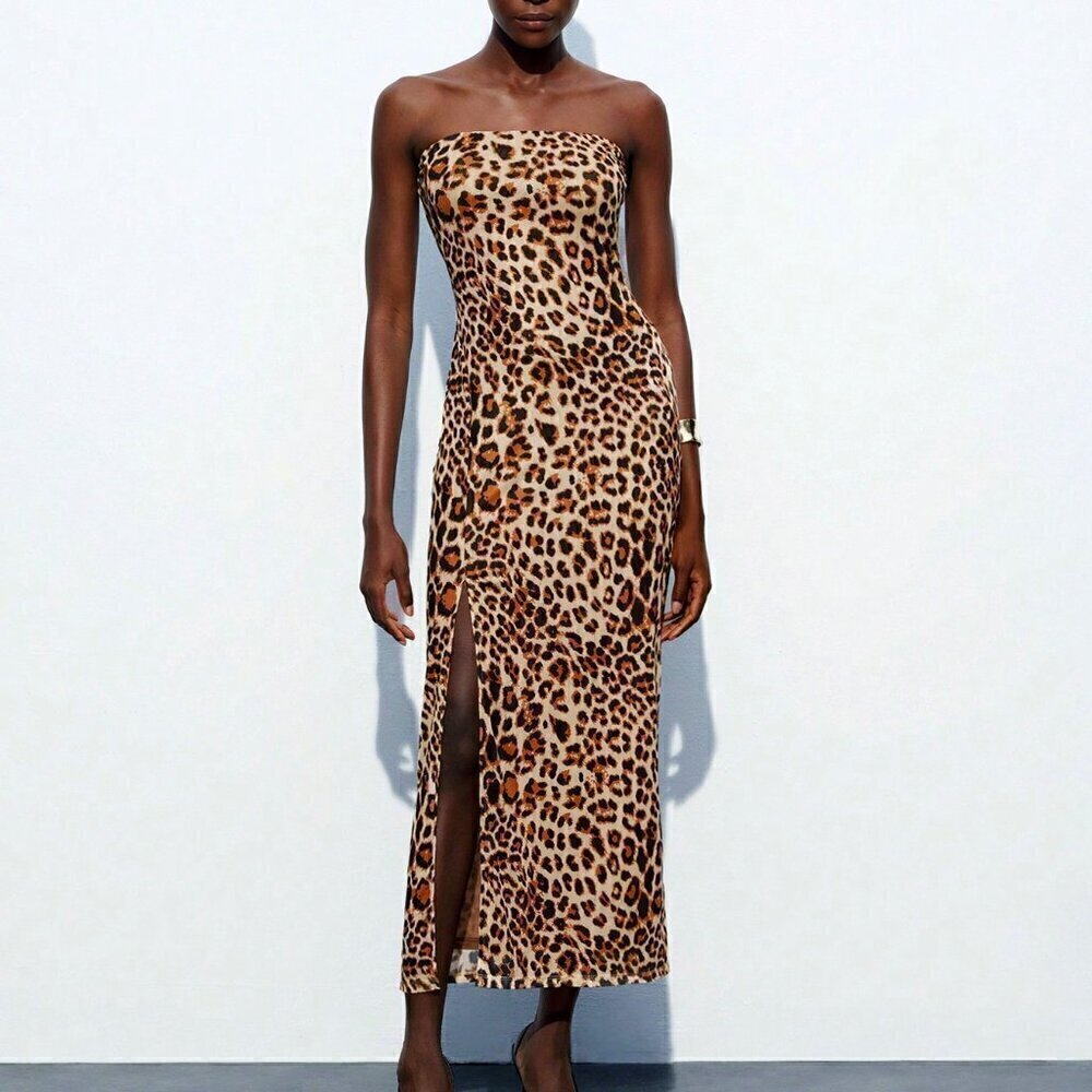 Khaki Sexy Women's Leopard Print Fitted Bodycon Midi Dress With Slit Up To Thigh